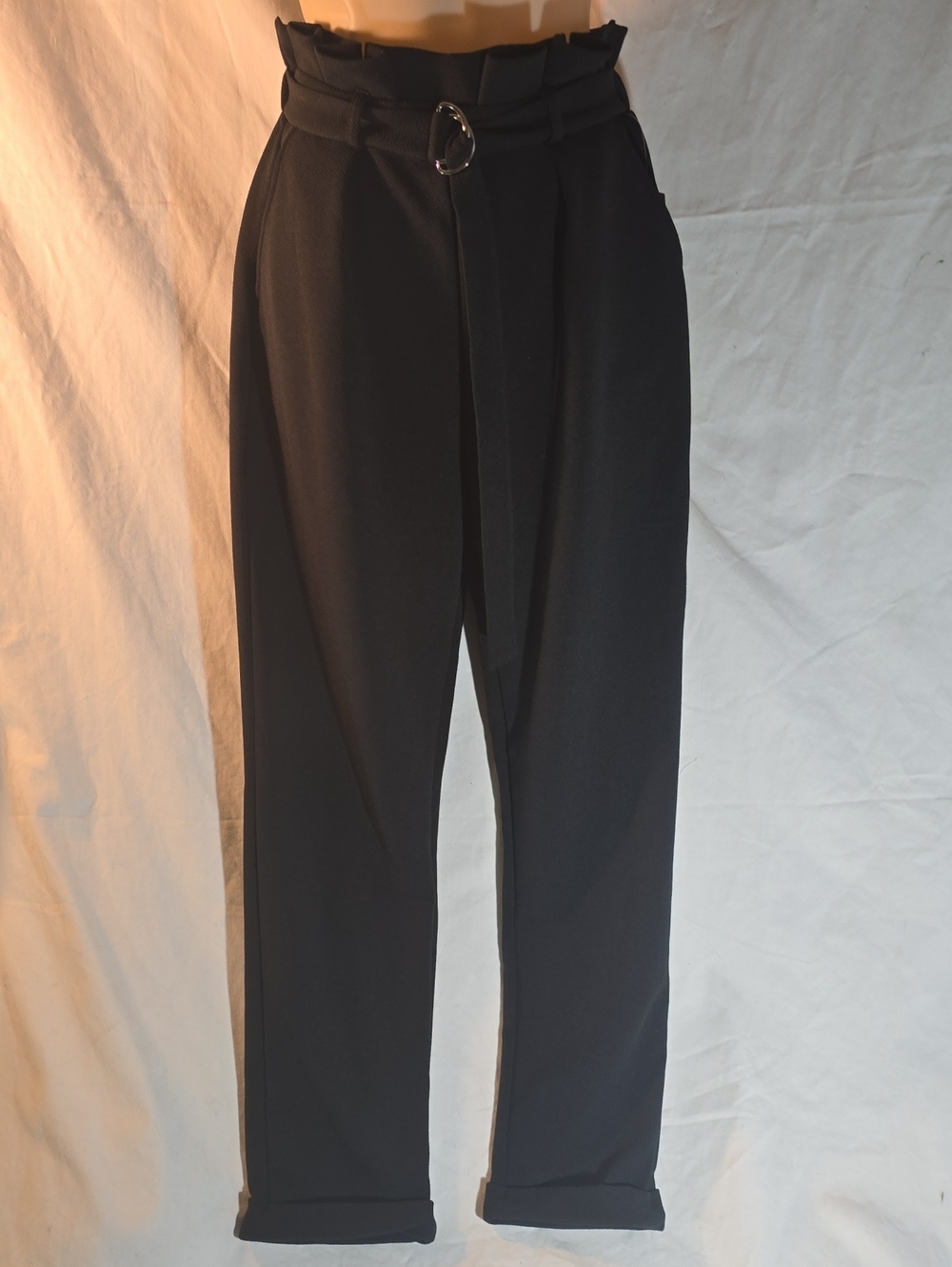 High-Waist Black Paperbag Belted Trousers